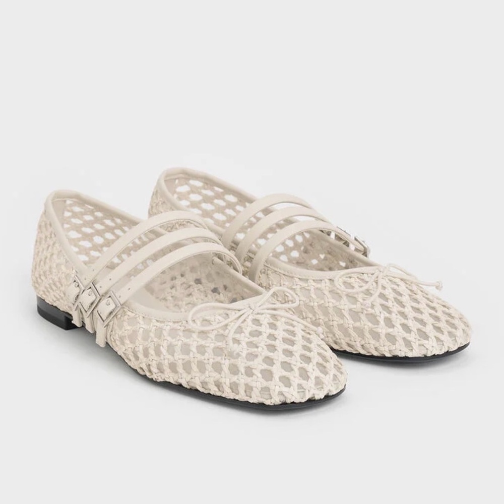 charles and keith Woven Triple-Strap Mary Janes - Chalk